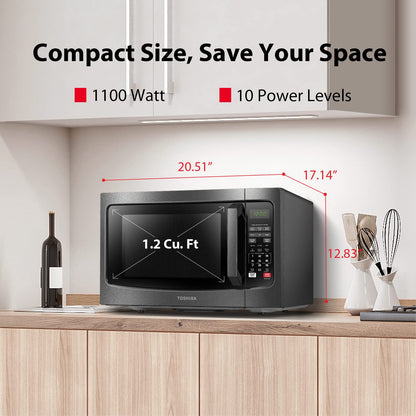 TOSHIBA EM131A5C-BS Countertop Microwave Ovens 1.2 Cu Ft, 12.4" Removable Turntable Smart Humidity Sensor 12 Auto Menus Mute Function ECO Mode Easy Clean Interior Black Color 1100W