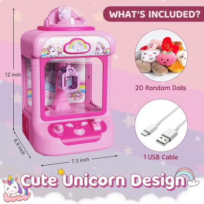 Claw Machine for Kids, Mini Vending Machine Girls Unicorn Toys, Candy Grabber Prize Dispenser with Sound & 20 Mini Plush Toys, Electronic Arcade Game Indoor Toy for Home Party Birthday Gifts