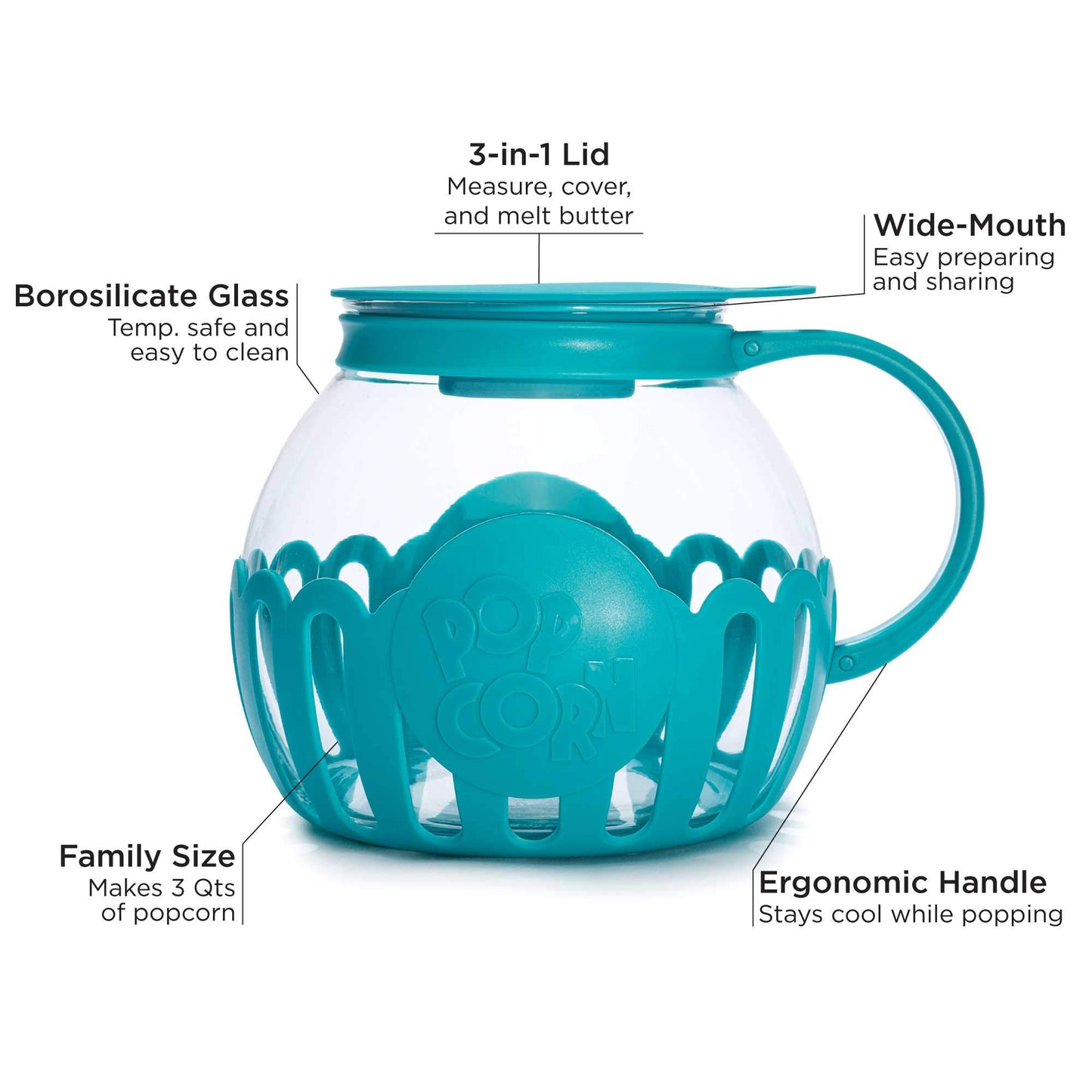 Ecolution Patented Micro-Pop Microwave Popcorn Popper with Temperature Safe Glass, 3-in-1 Lid Measures Kernels and Melts Butter, Made Without BPA, Dishwasher Safe, 3-Quart, Aqua