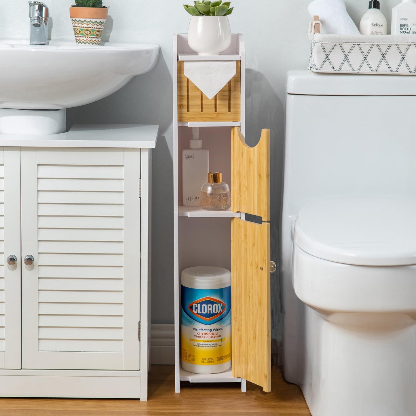 AOJEZOR Bathroom Storage Cabinet: Small Bathroom Storage Cabinet for Small Space - Toilet Paper Cabinet Fit for Small Roll - White