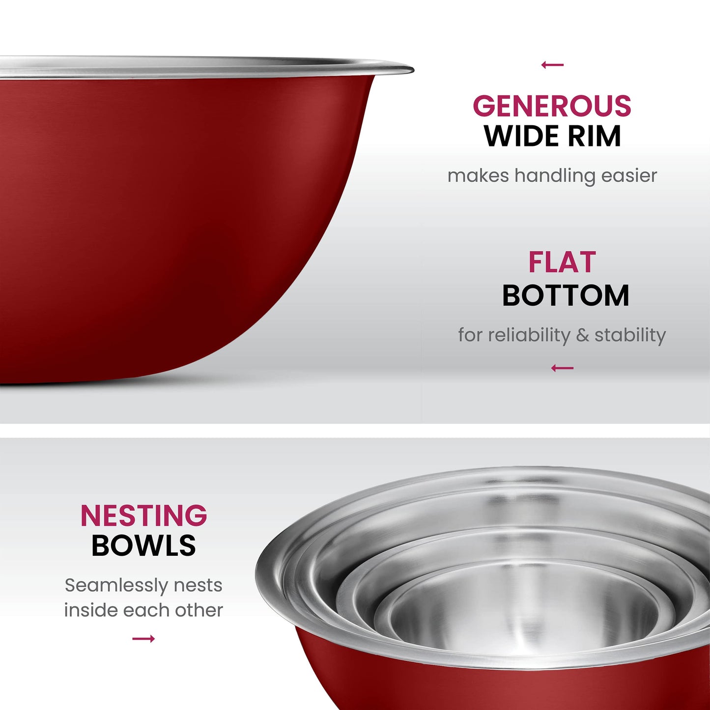 FineDine Stainless Steel Mixing Bowls Set for Kitchen, Dishwasher Safe Nesting Bowls for Cooking, Baking, Meal Prepping