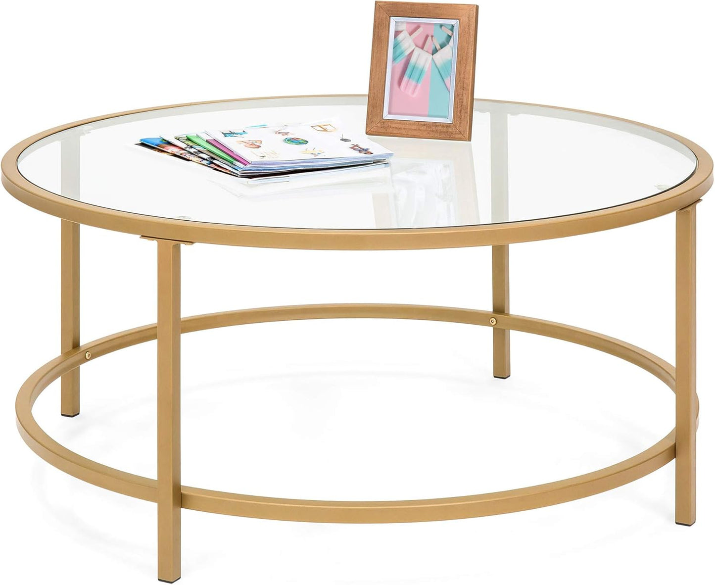 Best Choice Products 36in Modern Round Tempered Glass Accent Side Coffee Table for Living Room, Dining Room, Tea, Home Décor w/Satin Trim, Metal Frame, Non-Marring Foot Caps - Bronze Gold