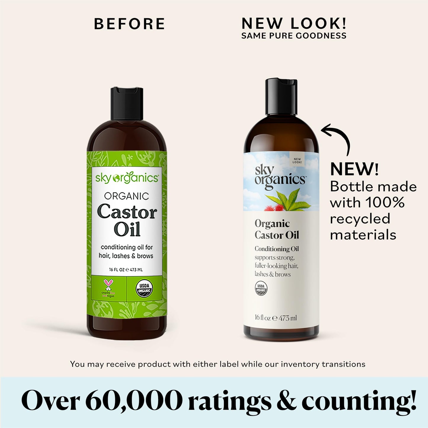 Sky Organics Castor Oil (2x16oz) USDA Organic Cold-Pressed Unrefined100% Pure Hexane-Free Castor Oil Conditioning & Healing For Dry Skin, Hair Growth for Eyelashes & Eyebrows with Exclusive Ebook