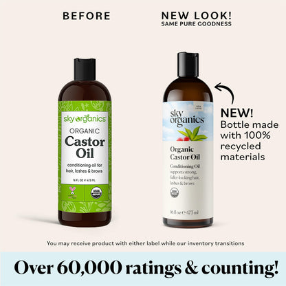 Sky Organics Castor Oil (2x16oz) USDA Organic Cold-Pressed Unrefined100% Pure Hexane-Free Castor Oil Conditioning & Healing For Dry Skin, Hair Growth for Eyelashes & Eyebrows with Exclusive Ebook