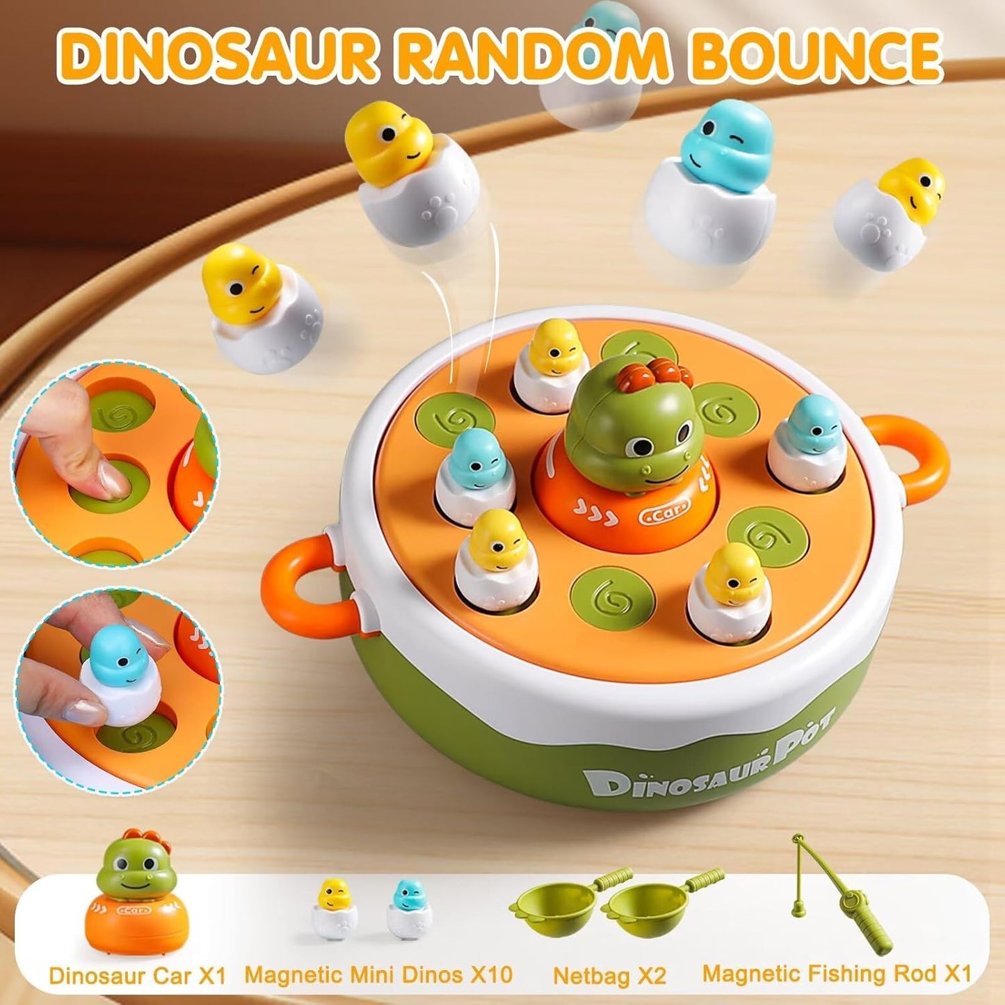 4 IN 1 Dinosaur Pop Up Board Games for Kids Magnetic Fishing Turntable Rotating Music Dino Car Tic-Tac-Toe Developmental Toys Boy Girl Birthday Gift Family Operation Games Toddlers 3-5 2-4-6 5-7 4-8