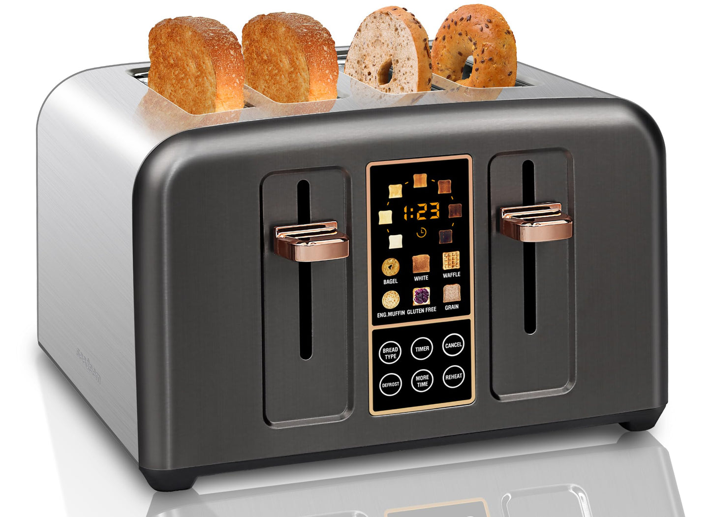 SEEDEEM Toaster 2 Slice, Stainless Toaster LCD Display&Touch Buttons, 50% Faster Heating Speed, 6 Bread Selection, 7 Shade Setting, 1.5''Wide Slot, Removable Crumb Tray, 1350W, Dark Metallic