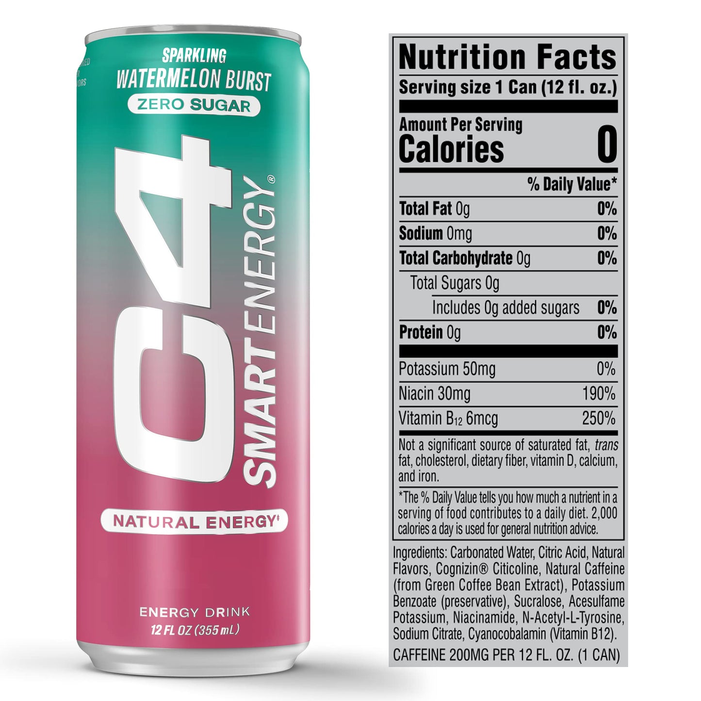 C4 Smart Energy Drink – Boost Focus and Energy with Zero Sugar, Natural Energy, and Nootropics - 200mg Caffeine - Cherry Berry Lime (12oz Pack of 12)