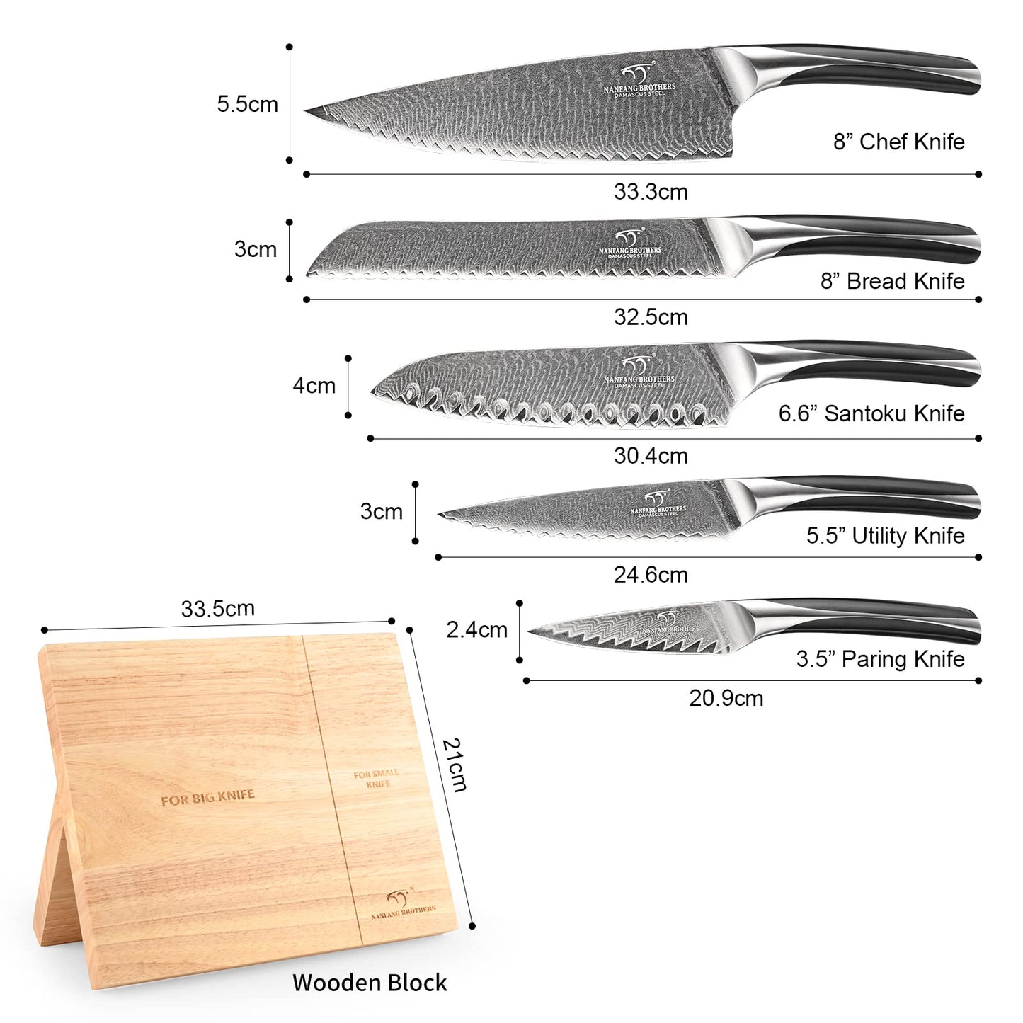 Knife Set, NANFANG BROTHERS 15-Piece Damascus Kitchen Knife Set with Block, ABS Ergonomic Handle for Chef Knife Set, Carving Fork, Disconnect-type Knife Block Set