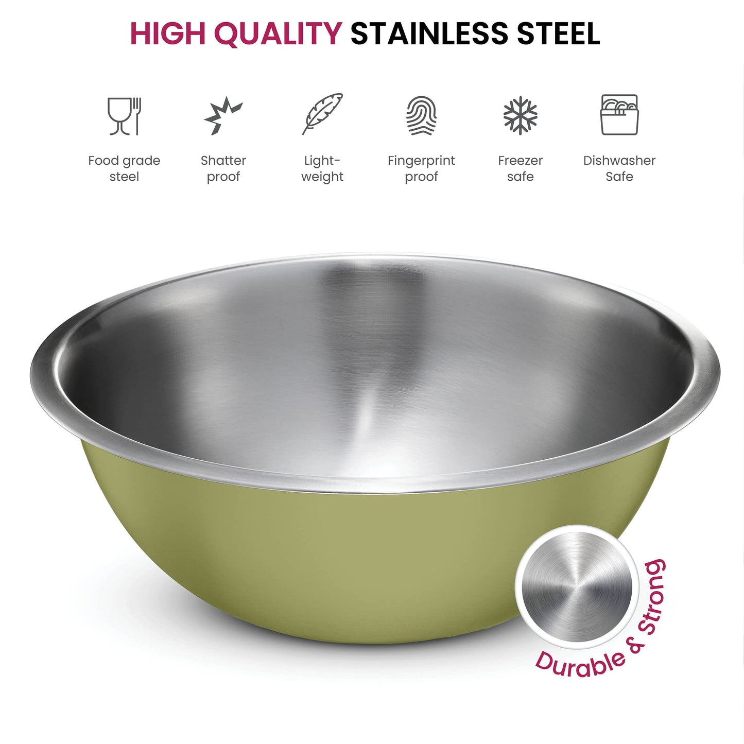 FineDine Stainless Steel Mixing Bowls Set for Kitchen, Dishwasher Safe Nesting Bowls for Cooking, Baking, Meal Prepping