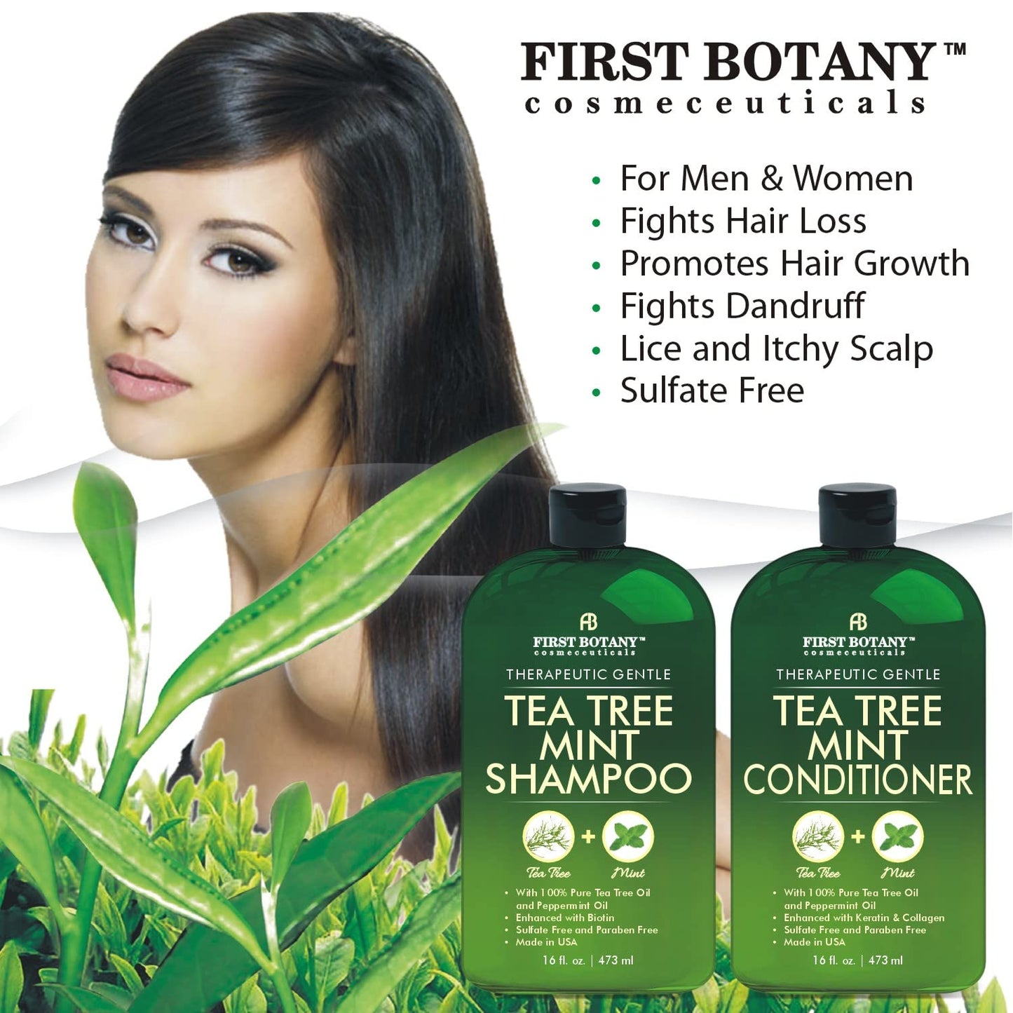 Tea Tree Mint Shampoo and Conditioner - Pure Tea Tree Oil & Peppermint Oil - Fights Hair Loss, Promotes Hair Growth, Fights Dandruff, Lice & Itchy Scalp - for Men and Women Sulfate Free - 16 fl oz x 2