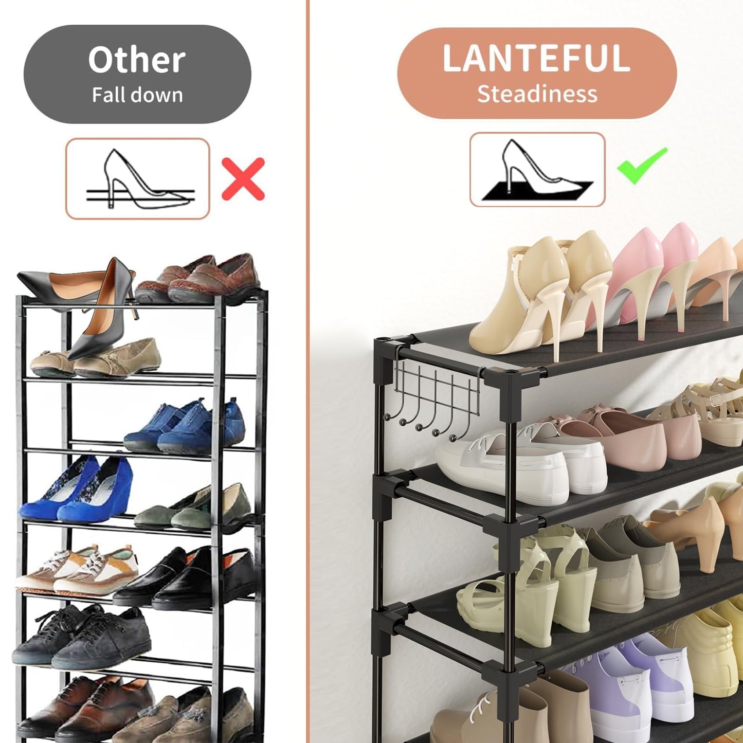 10 Tiers Shoe Rack 50 Pairs Large Capacity Tall Shoe Organizer Sturdy Shoe Storage with Two Hooks Space Saving Metal Wide Shoe Rack for Closet, Entryway, Bedroom, Grey