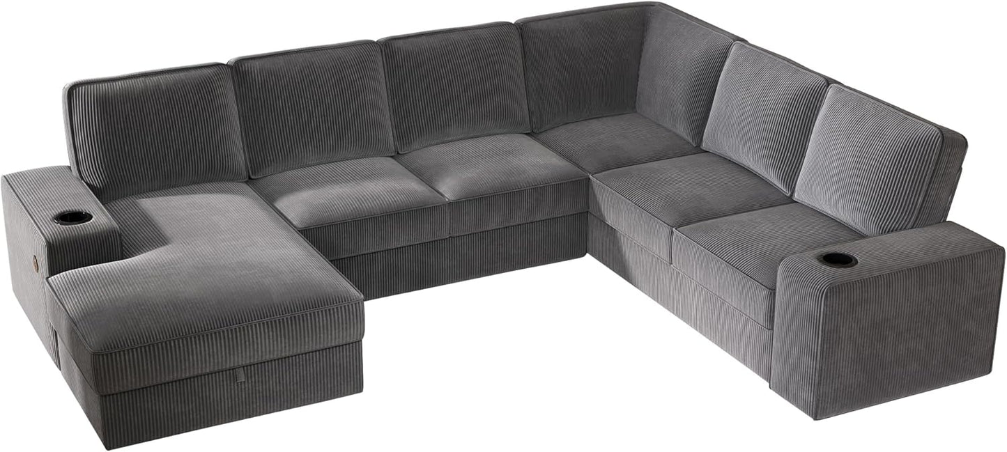 112 inch Sectional Sofa, Oversized Sofa with Storage Chaise, U Shaped Sofa Couch with USB Ports, Corduroy Couch—Grey