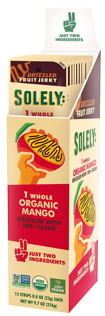 Solely - Organic Mango Fruit Jerky - 12 Individually Wrapped Fruit Strips - Fruit Leather Made from Dried Fruit - Healthy Snacks, Vegan - 0.8oz (23g)