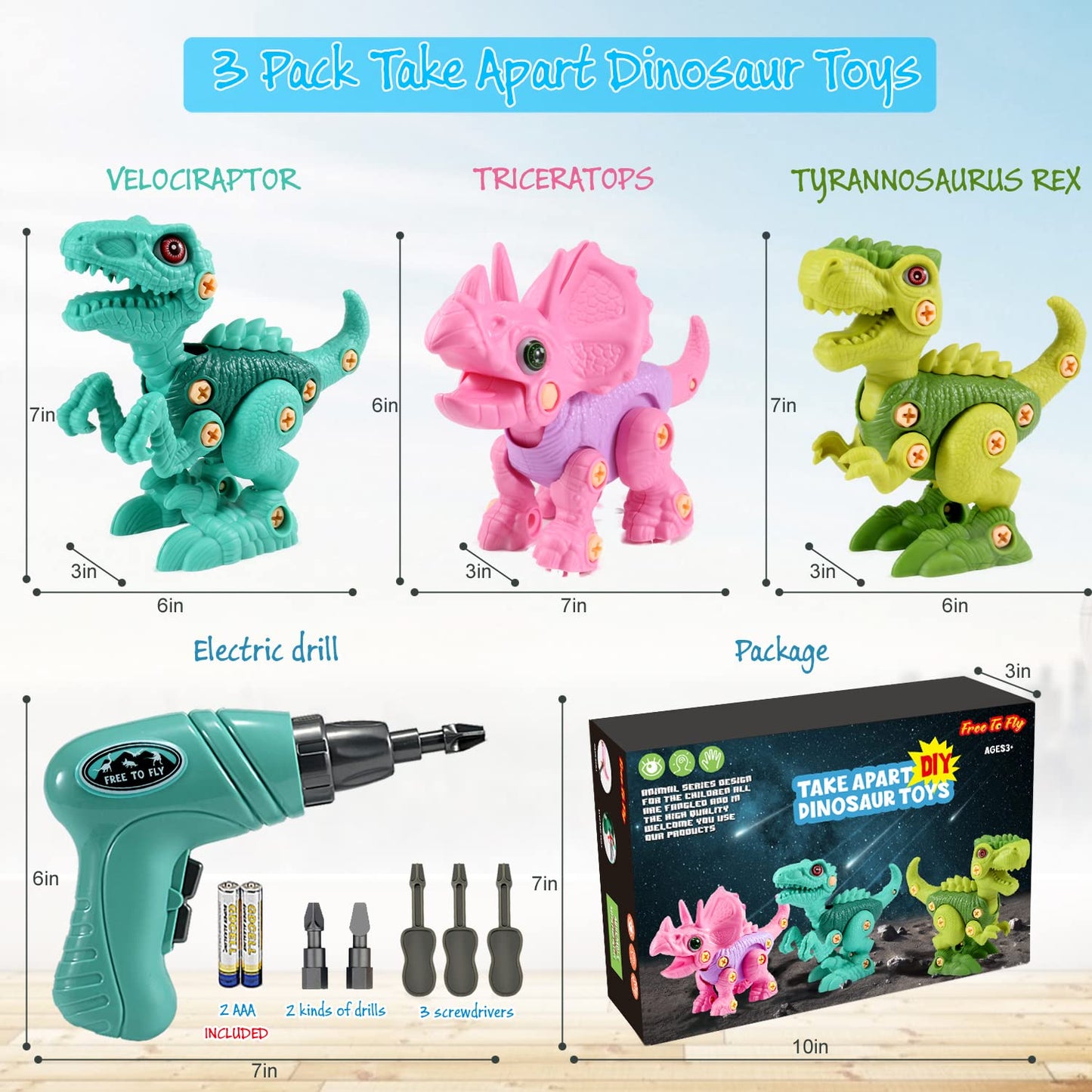 FREE TO FLY Kids Toys Stem Dinosaur Toy: Take Apart Toys for kids 3-5 Learning Educational Building Sets with Electric Drill Birthday Gifts for Toddlers Boys Girls Age 3 4 5 6 7 8 Year Old