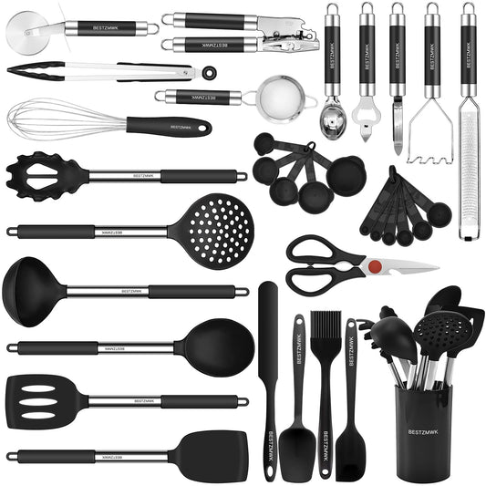 Kitchen Utensils Set-Silicone Cooking Utensils-32 pcs Non-Stick Silicone Cooking Kitchen Utensils Spatula Set with Holder-Best Kitchen Cookware with Stainless Steel Handle (Black)