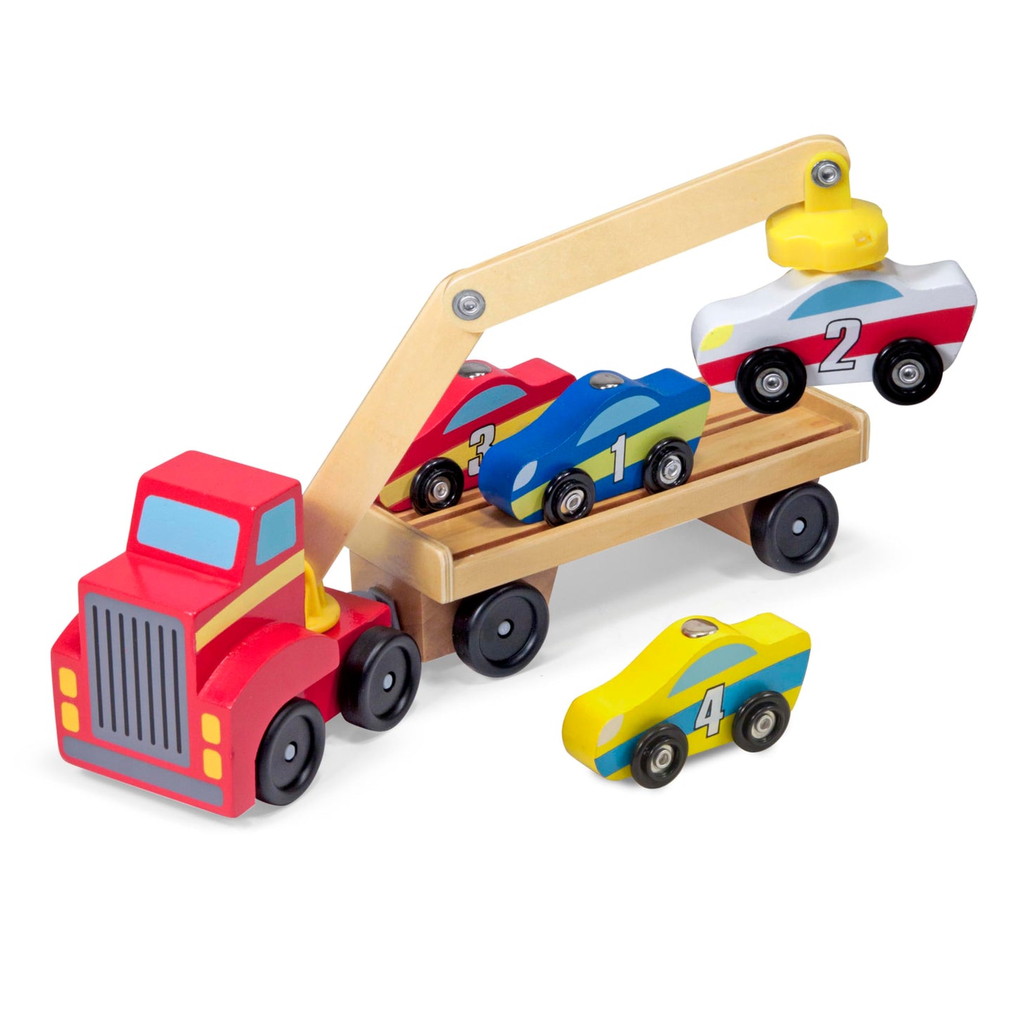 Melissa & Doug Magnetic Car Loader Wooden Toy Set With 4 Cars and 1 Semi-Trailer Truck