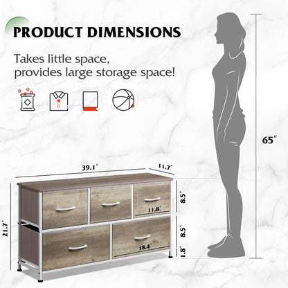 WLIVE Dresser for Bedroom with 5 Drawers, Wide Chest of Drawers, Fabric Dresser, Storage Organizer Unit with Fabric Bins for Closet, Living Room, Hallway, Rustic Brown Wood Grain Print