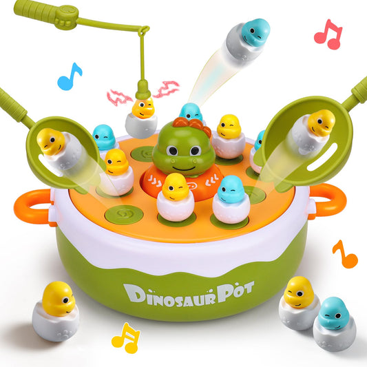 4 IN 1 Dinosaur Pop Up Board Games for Kids Magnetic Fishing Turntable Rotating Music Dino Car Tic-Tac-Toe Developmental Toys Boy Girl Birthday Gift Family Operation Games Toddlers 3-5 2-4-6 5-7 4-8