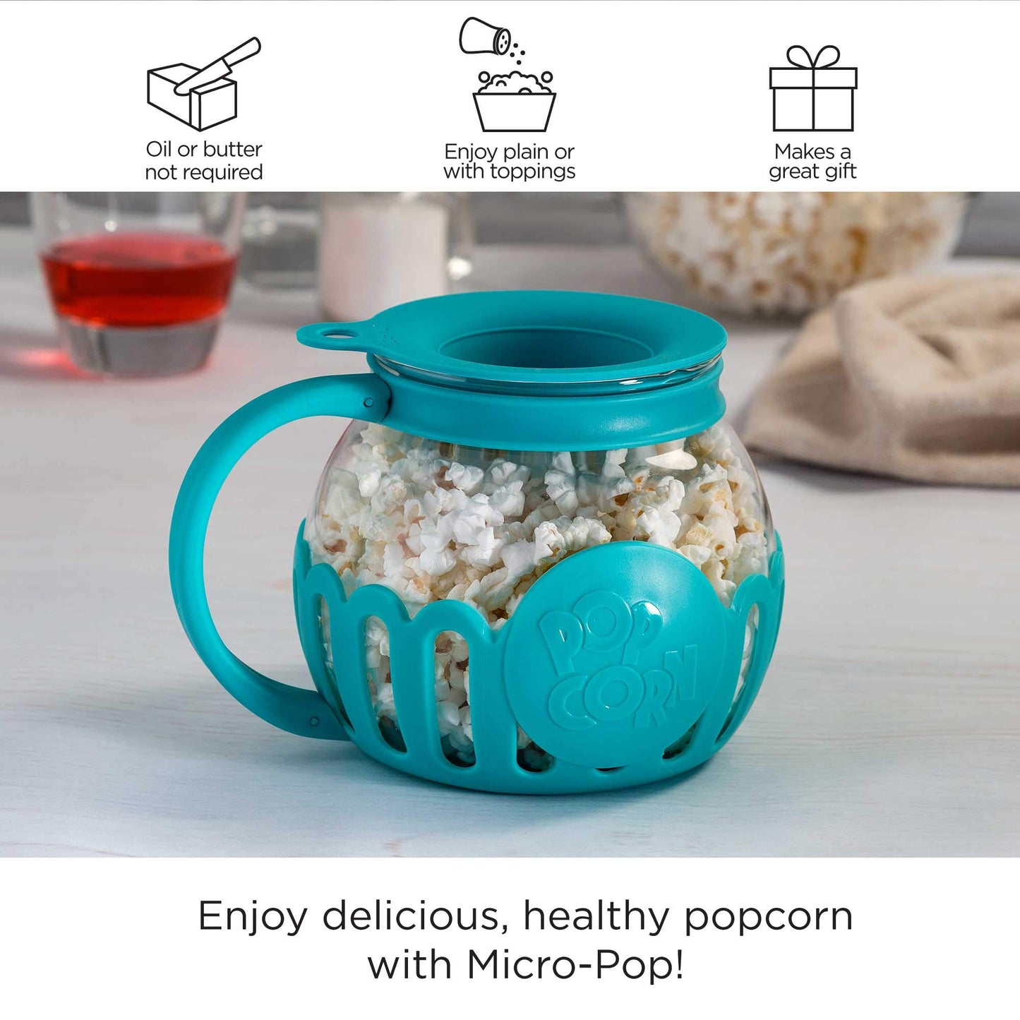 Ecolution Patented Micro-Pop Microwave Popcorn Popper with Temperature Safe Glass, 3-in-1 Lid Measures Kernels and Melts Butter, Made Without BPA, Dishwasher Safe, 3-Quart, Aqua