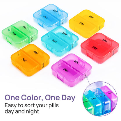 Zoksi Weekly Pill Organizer 2 Times a Day, Rainbow 7 Day Pill Box, Daily Am Pm Pill Organizer, Portable Case for Fish Oils, Vitamin, Supplement