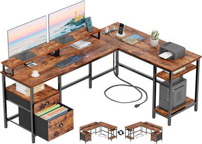 Furologee 66” L Shaped Desk with Power Outlet, Reversible Computer Desk with File Drawer & 2 Monitor Stands, Home Office Desk with Storage Shelves, Corner Desk for Gaming Writing, Rustic Brown