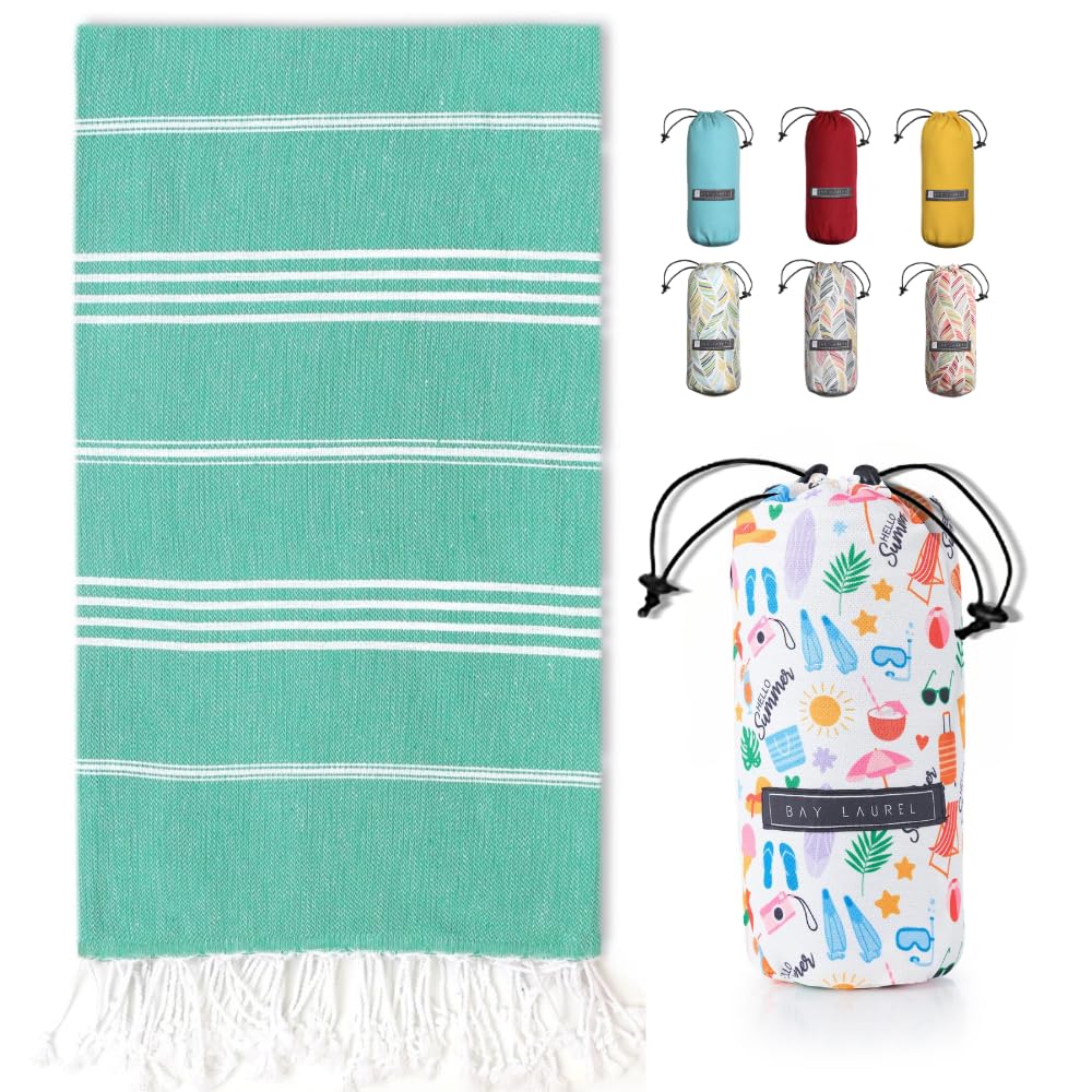 BAY LAUREL Turkish Beach Towel with Travel Bag 39 x 71 Quick Dry Sand Free Lightweight Large Oversized Towels Light