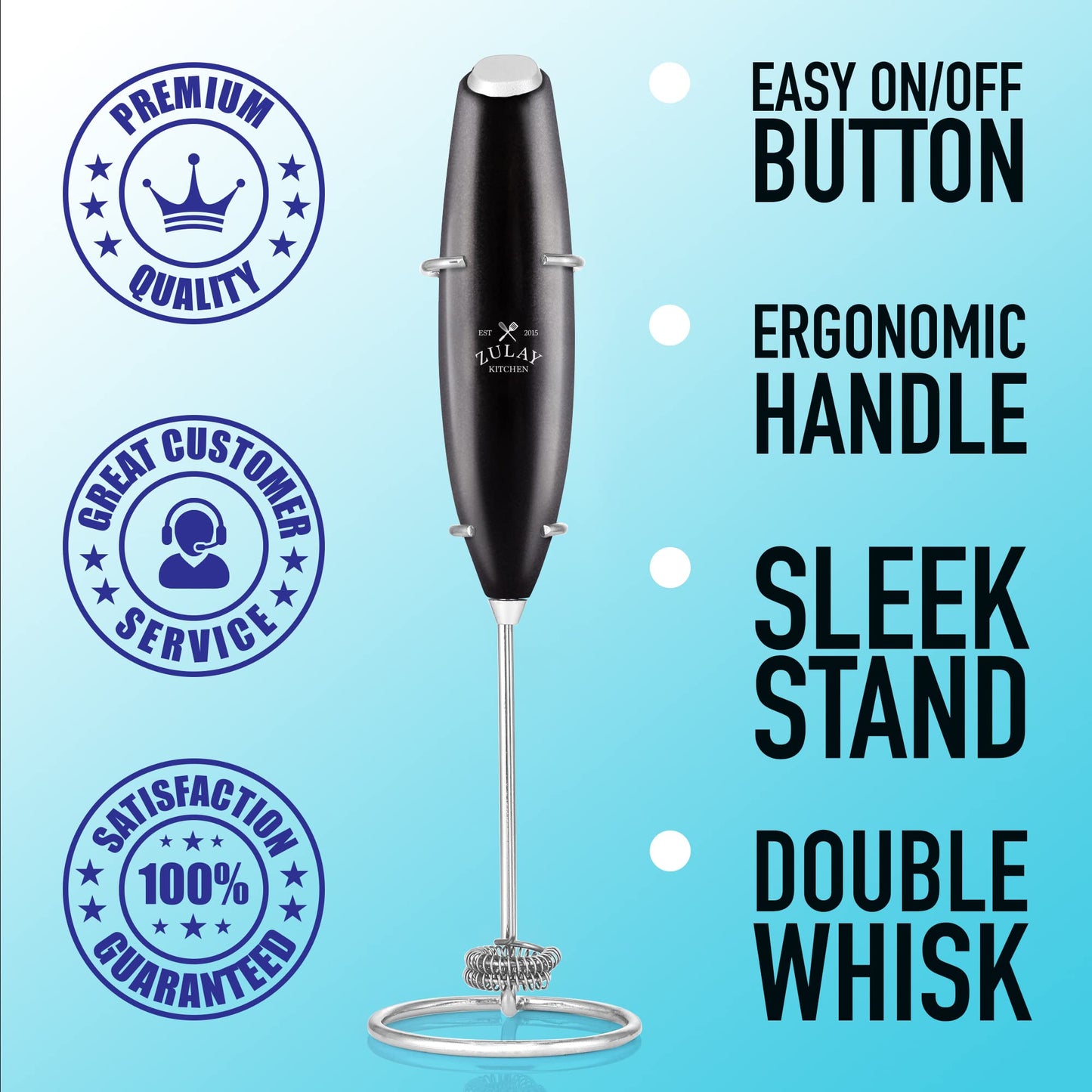 Zulay Powerful Milk Frother (4 Duracell Batteries Included) - Handheld Milk Frother Wand Drink Mixer for Coffee - Powerful Milk Foamer for Cappuccino, Frappe, Matcha & Coffee Creamer - Black