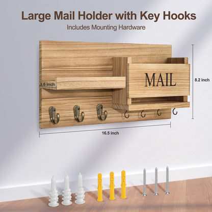 Mail Organizer for Wall Mount – Key Holder with Shelf includes Letter Holder and Hooks for Hallway Farmhouse Decor – Rustic Wood with Flush Mounting Hardware (16.5” x 9.1” x 3.4”) (Black)