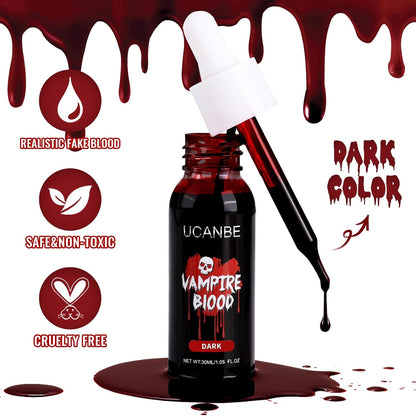 UCANBE Halloween Dripping Fake Blood Realistic Blood Drops Body Paint Washable Fake Blood Makeup Kit For Zombie Vampire Clown Monster Clothes Costume Cosplay SFX Special Effects Makeup 30ML(Dark)