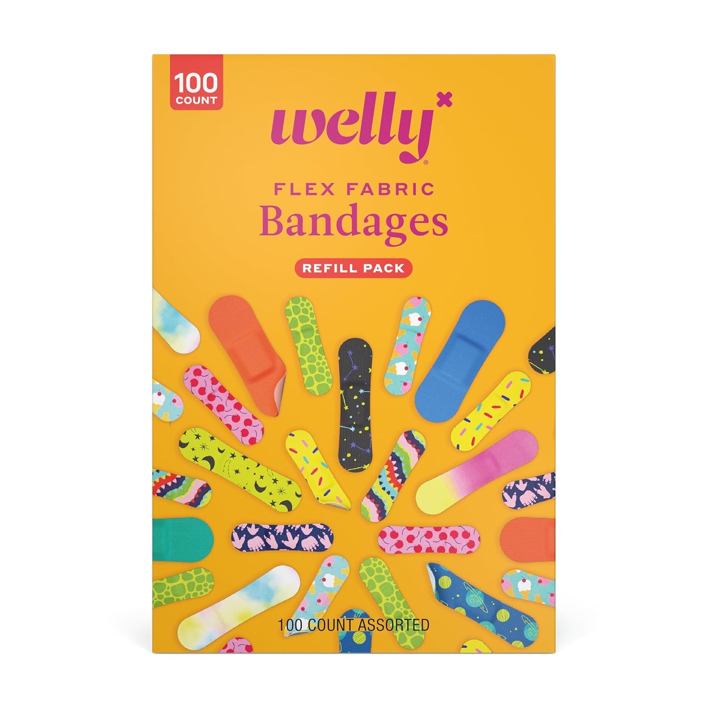 Welly Bravery Badge Value Pack | Adhesive Flexible Fabric Bandages | Assorted Shapes and Patterns for Minor Cuts, Scrapes, and Wounds - 100 Count