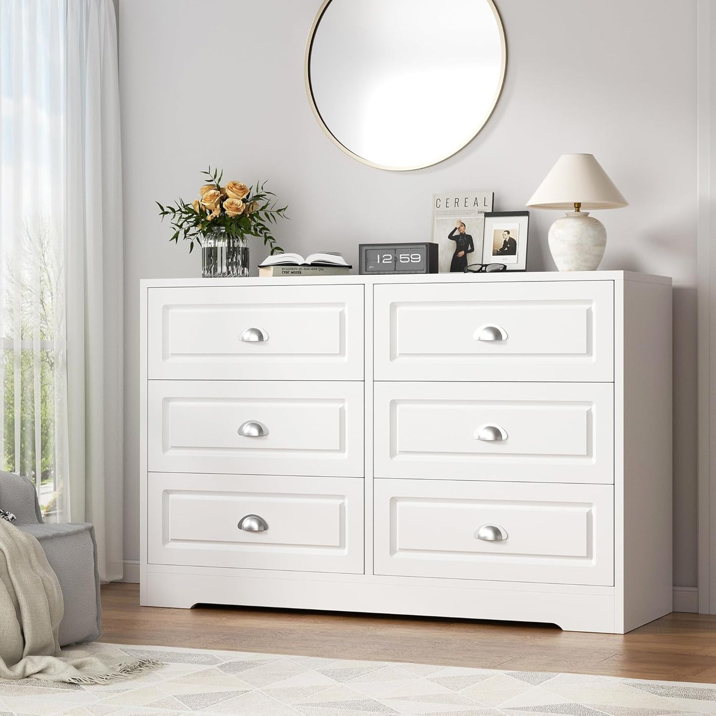 Shintenchi Dresser for Bedroom with 6 Drawers, White Double Dresser & Chest of Drawers Wooden Organizer with Metal Handle, Storage TV Stand for Living Room