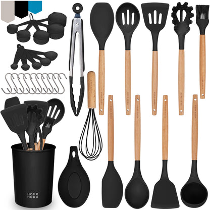 Home Hero 33 Pcs Silicone Kitchen Utensils Set, Non-Stick Silicone Cooking Utensils Set with Spatula, Wooden Handle Spatula, Silicone Kitchen Gadgets Utensil Set (33 Pcs - Blue)