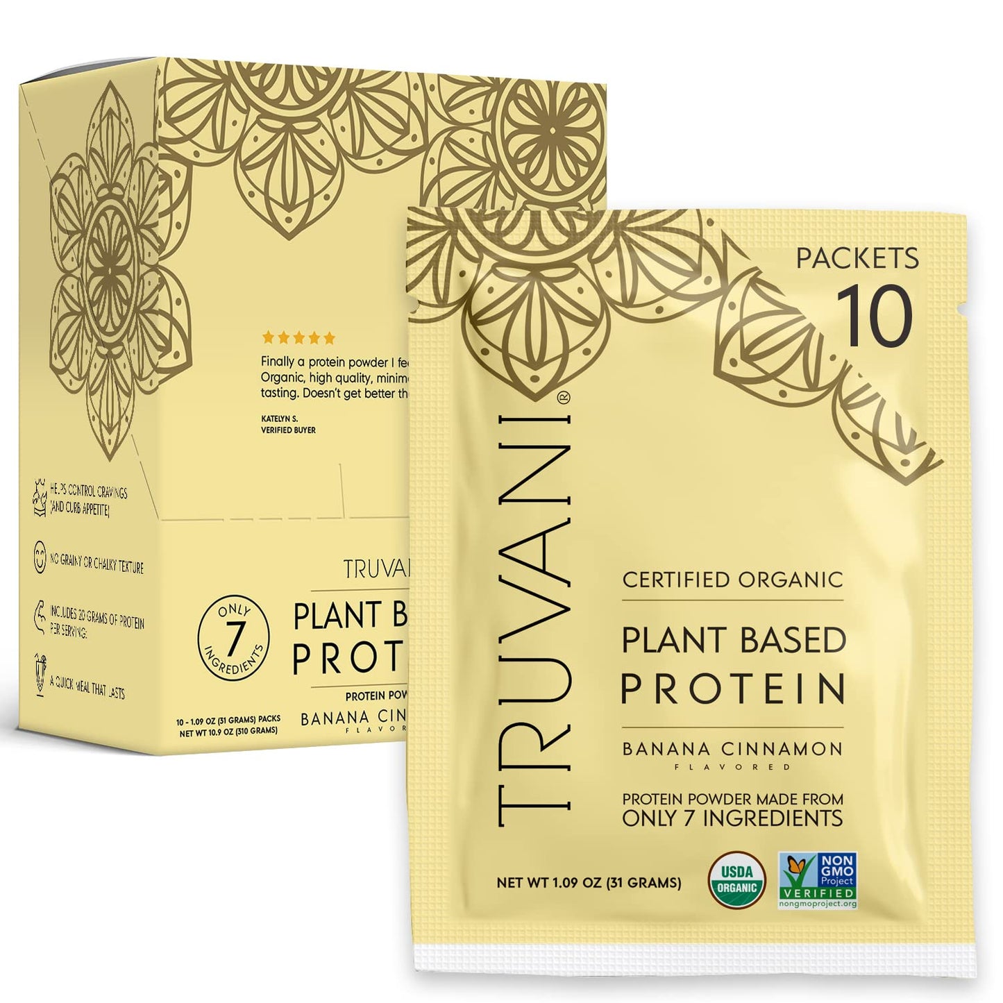 Truvani Vegan Pea Protein Powder | Banana Cinnamon | 20g Organic Plant Based Protein | 1 Serving | Keto | Gluten & Dairy Free | Low Carb | No Added Sugar