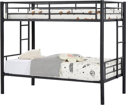 VECELO Metal Bunk Bed Twin Over Twin, Industrial Bunkbeds with Ladder and Full-Length Guardrail, Noise Free, No Boxing Spring Needed, Black