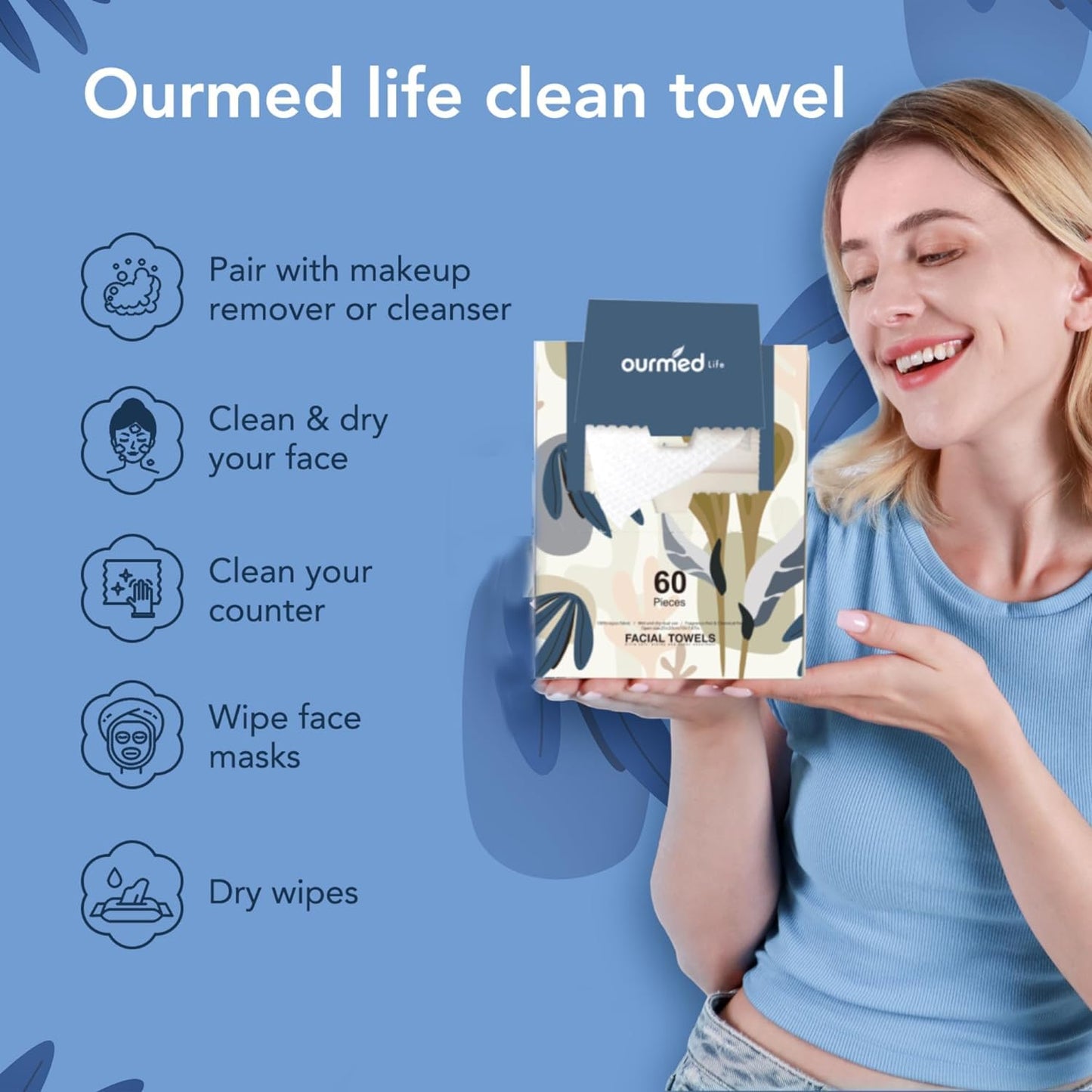 ourmed life Disposable Face Towel | Lint-Free Biodegradable Towels | Face Clean Dry Makeup Remover Wipes | Super Soft & Thick for Sensitive Skin | 10-Inch X 12-Inch Extra Large | 50 Count