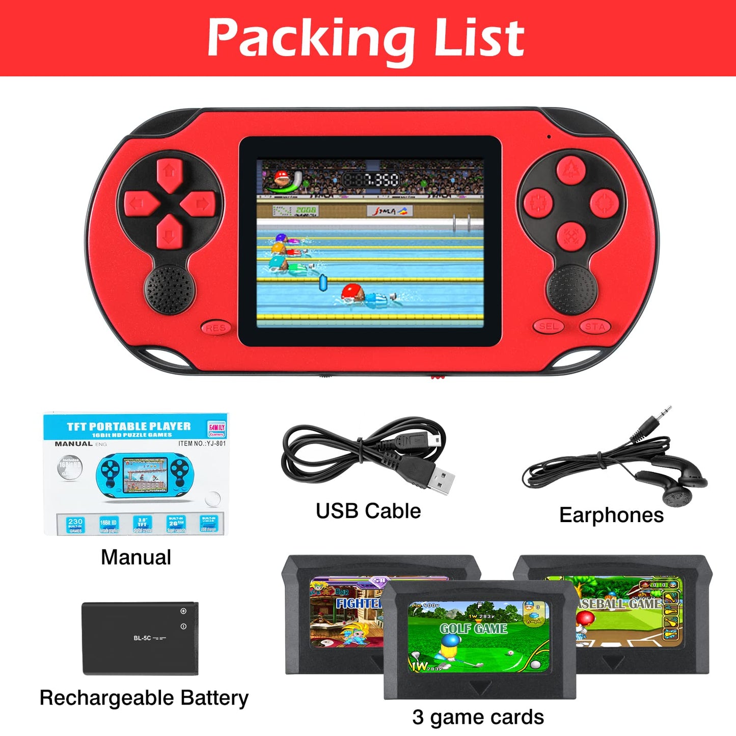 16 Bit Handheld Game Console for Kids Adults, 3.0'' Large Screen Preloaded 230 HD Classic Retro Video Games with USB Rechargeable Battery & 3 Game Cartridges for Birthday Gift for Kids 4-12