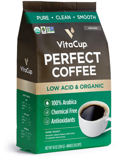 VitaCup Perfect Low Acid Coffee Ground, USDA Organic & Fair Trade, Mycotoxin Free, Dark Roast Guatemala Single Origin, Clean & Pure for Drip Coffee Brewers and French Press, 11 ounces