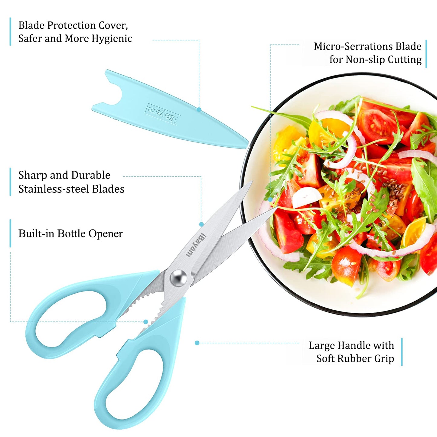 Kitchen Shears, iBayam Kitchen Scissors All Purpose Heavy Duty Meat Scissors Poultry Shears, Dishwasher Safe Food Cooking Scissors Stainless Steel Utility Scissors, 2-Pack, Black, Aqua Sky