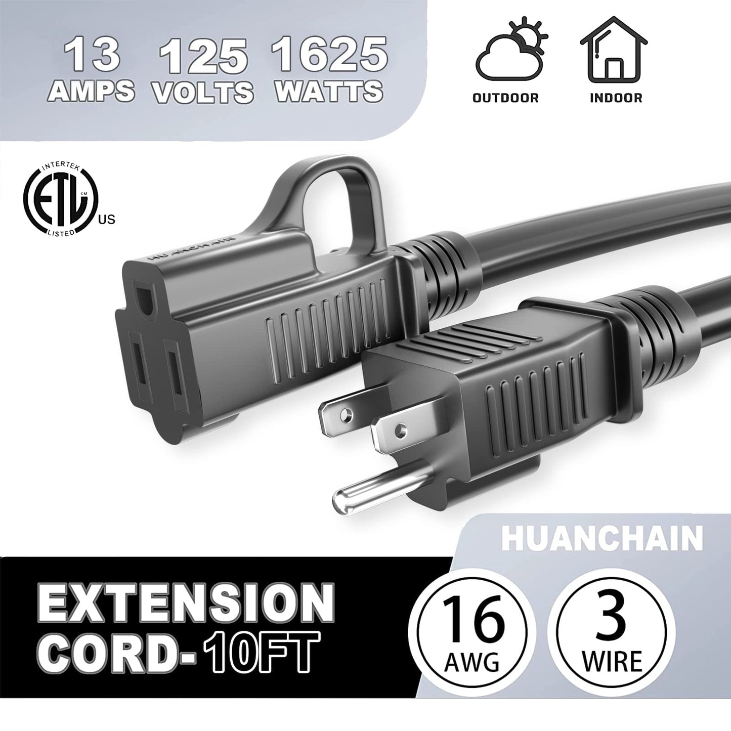 HUANCHAIN Indoor Outdoor Black Extension Cord 25 ft Waterproof, 16/3 Gauge Flexible Cold-Resistant Appliance Cord Outside, 13A 1625W 16AWG SJTW, 3 Prong Heavy Duty Electric Cord, ETL