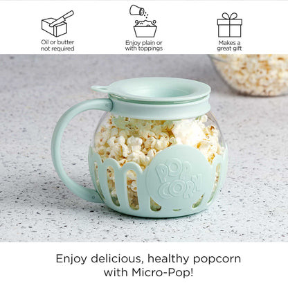 Ecolution Patented Micro-Pop Microwave Popcorn Popper with Temperature Safe Glass, 3-in-1 Lid Measures Kernels and Melts Butter, Made Without BPA, Dishwasher Safe, 3-Quart, Aqua