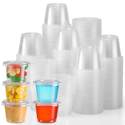 [130 Sets - 2 Oz ] Jello Shot Cups, Small Plastic Containers with Lids, Airtight and Stackable Portion Cups, Salad Dressing / Dipping Sauce Cups, Condiment Cups for Lunch, Party to Go, Trips