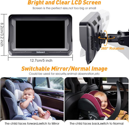 DoHonest Baby Car Camera for Backseat: HD 1080P Easy Setup Carseat Camera Rear Facing Infant - Crystal Night Vision 360° Rotating Baby Car Monitor for Kids - V33