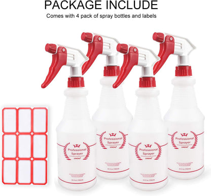 Plastic Spray Bottle (4 Pack, 24 Oz, All-Purpose) Heavy Duty Spraying Bottles Leak Proof Mist Empty Water Bottle for Cleaning Solution Planting Pet with Adjustable Nozzle and Measurements