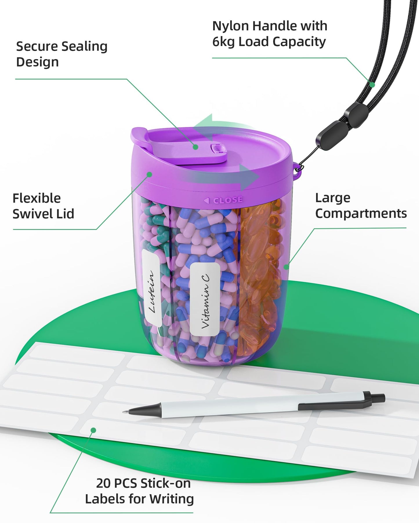 PULIV Large Supplement Organizer Bottle, Holds Plenty of Vitamins in 1 Monthly Pill Dispenser with Anti-Mixing & Wide Openings Design, Easy to Retrieve Meds, Includes 20 Pcs Stick-on Labels