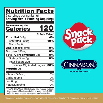 Snack Pack Cinnabon Bakery Inspired Flavored Pudding Cups, 3.25 oz. 6 Count