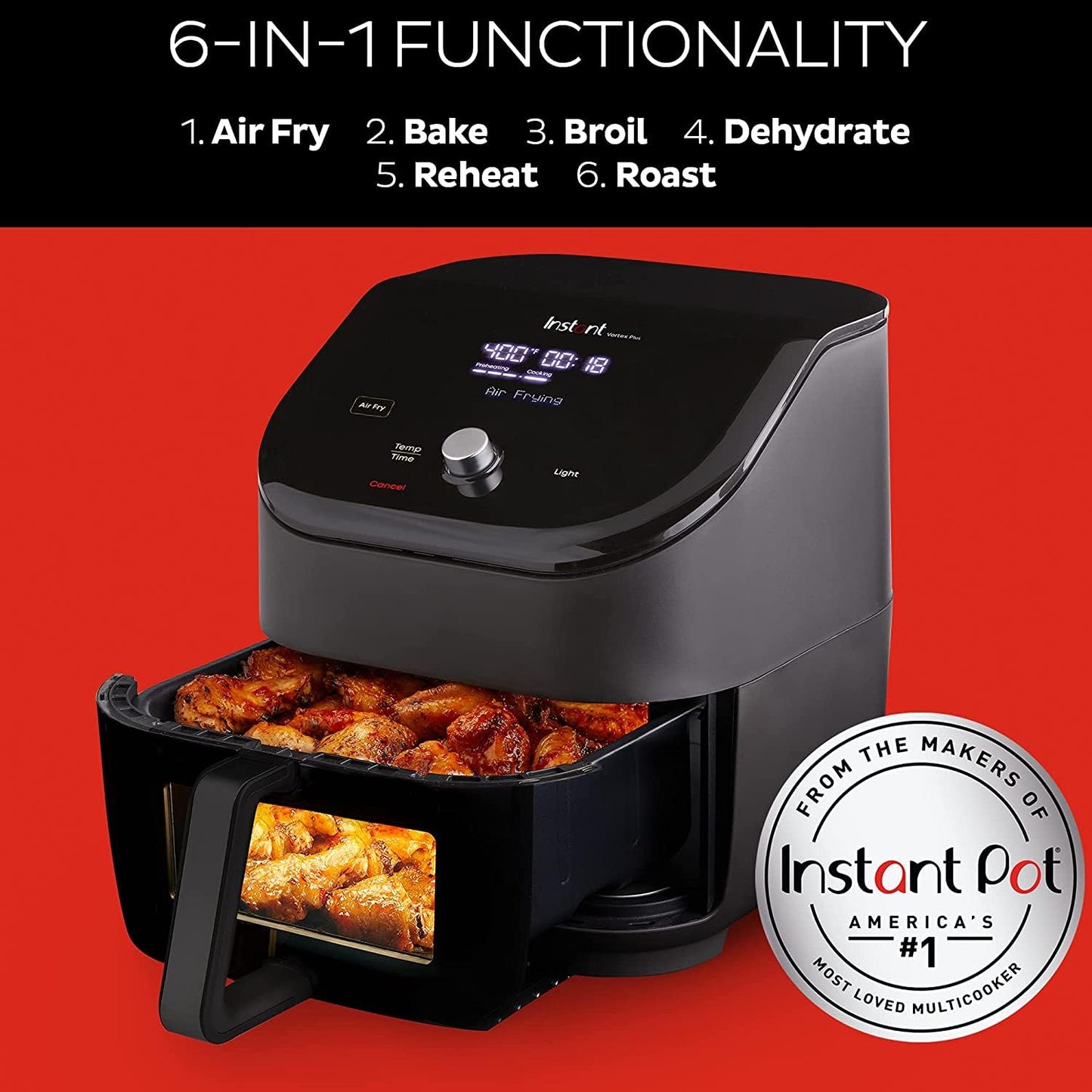 Instant Vortex Plus 6QT Air Fryer with Odor Erase Technology, 6-in-1 Functions that Crisps, Roasts, Broils, Dehydrates, Bakes & Reheats, 100+In-App Recipes, from the Makers of Instant Pot,1700W,Black