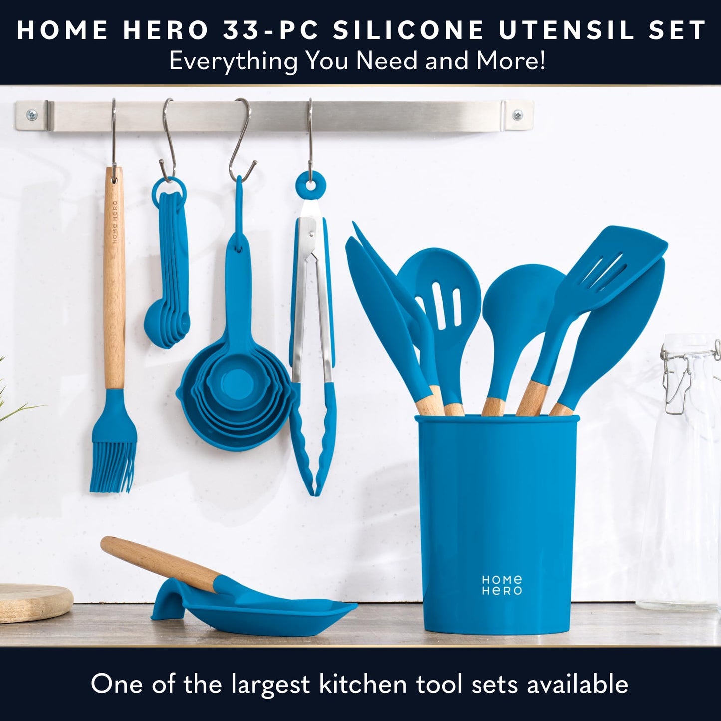 Home Hero 33 Pcs Silicone Kitchen Utensils Set, Non-Stick Silicone Cooking Utensils Set with Spatula, Wooden Handle Spatula, Silicone Kitchen Gadgets Utensil Set (33 Pcs - Blue)