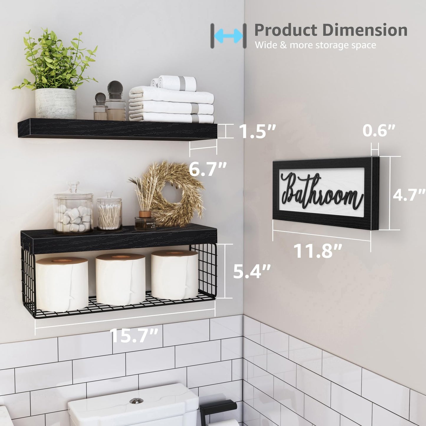 QEEIG ‎Bathroom Furniture Sets Shelves Over Toilet Paper Storage Wall Mounted Farmhouse Decor Decorations Aesthetic Décor Sign Small Floating Wall Shelf 2+1 Set 16 inch, Grey (020GY)