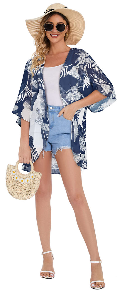 Women's Floral Print Puff Sleeve Kimono Cardigan Loose Cover Up Casual Blouse Tops