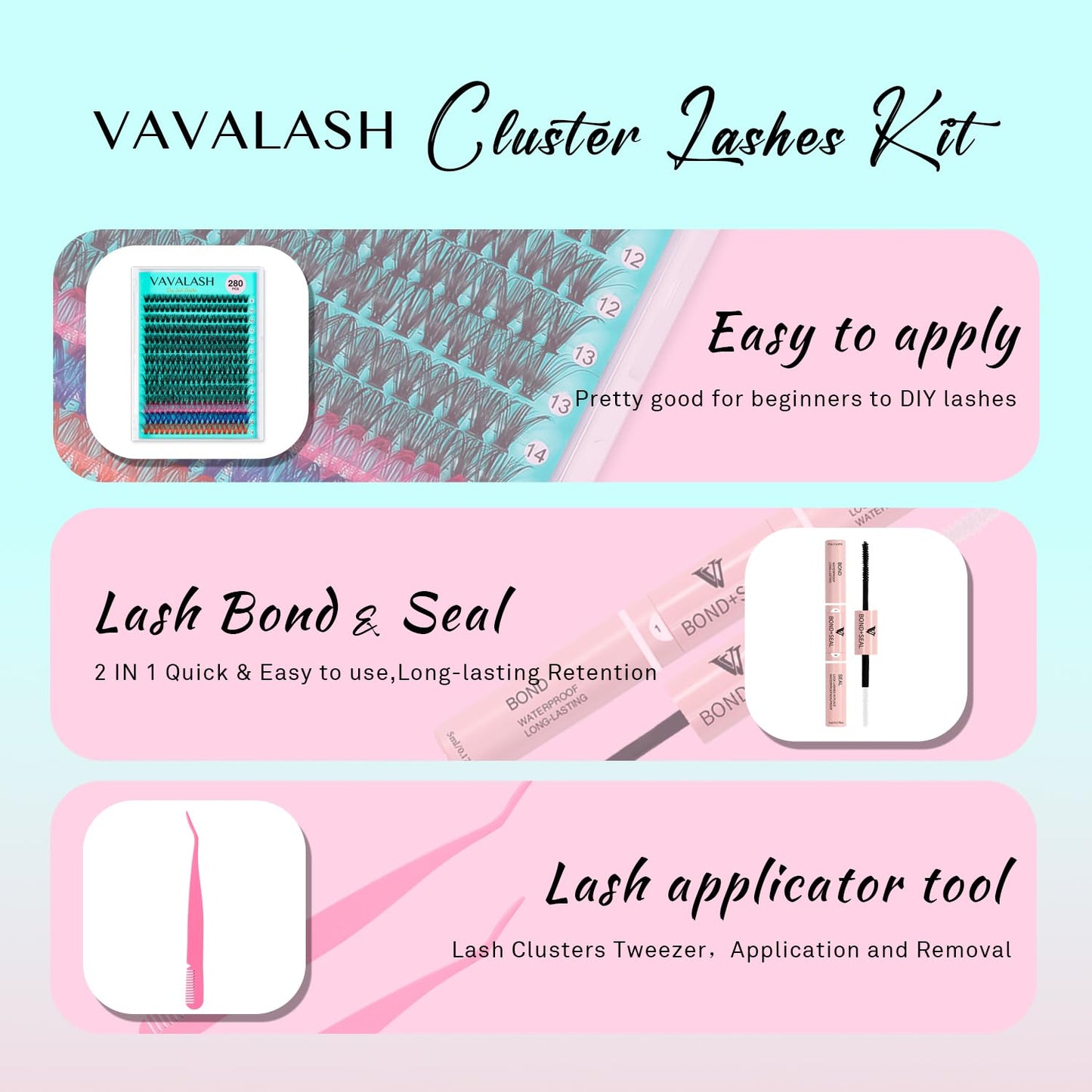 VAVALASH DIY Lash Extension Kit 280 Clusters Individual Lashes Kit 30D 40D 0.07D-10-16mm Lash Clusters, Lash Bond and Seal, Lash Tweezer for DIY Eyelash Extension at Home（Kit-30D+40D-0.07D-10-16MIX）